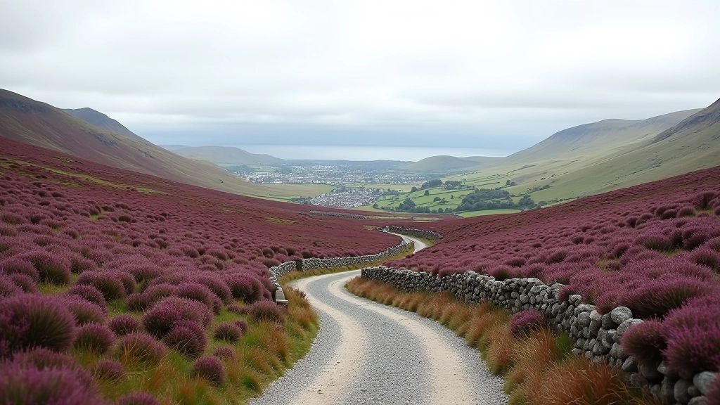 Mountain pass road through Connemara with heather moorland and distant Clifden village nestled in valley