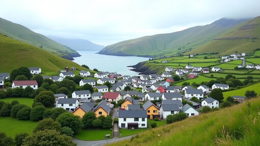 Clifden village viewed from elevated vantage point on Sky Road, colorful buildings nestled in green valley below