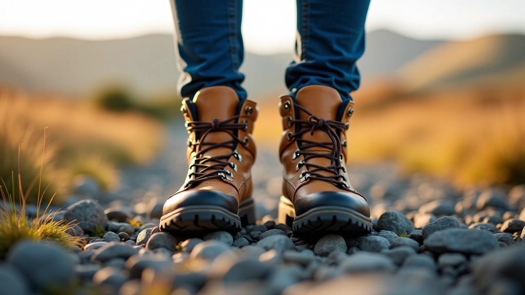 Hiking boots on rocky terrain with bog landscape stretching behind