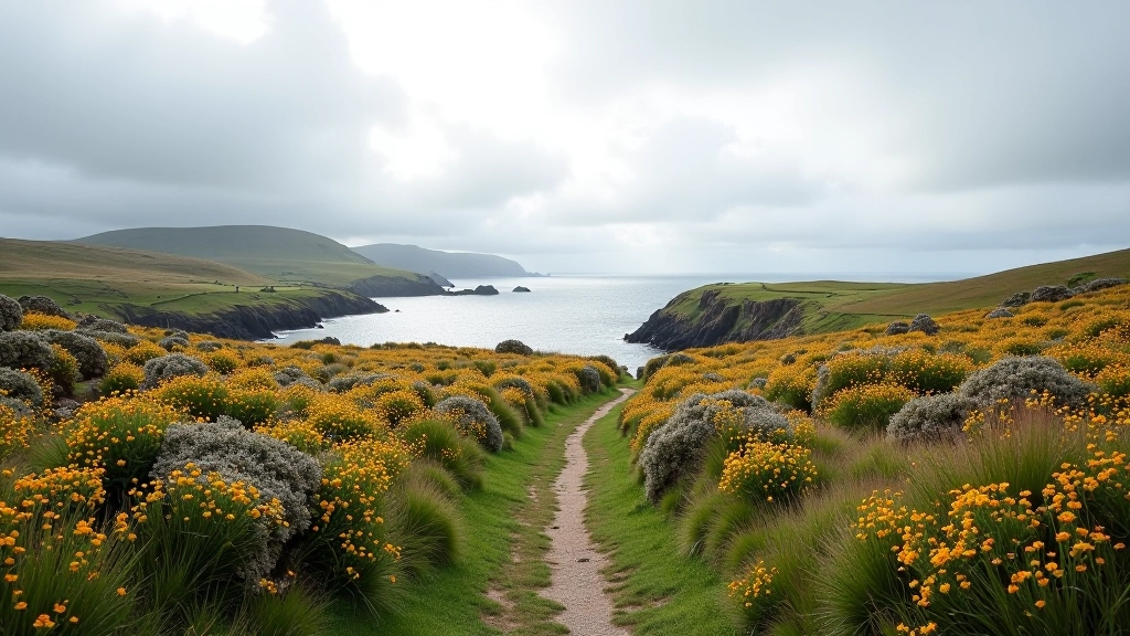 Seasonal coastal landscape with wildflowers and varied weather lighting
