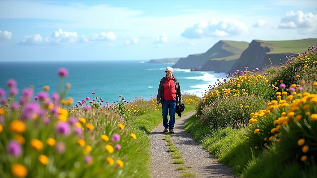 Coastal pathway with wild Atlantic ocean cliffs in background, spring wildflowers blooming along trail, seagull flying overhead, dramatic cloudscape