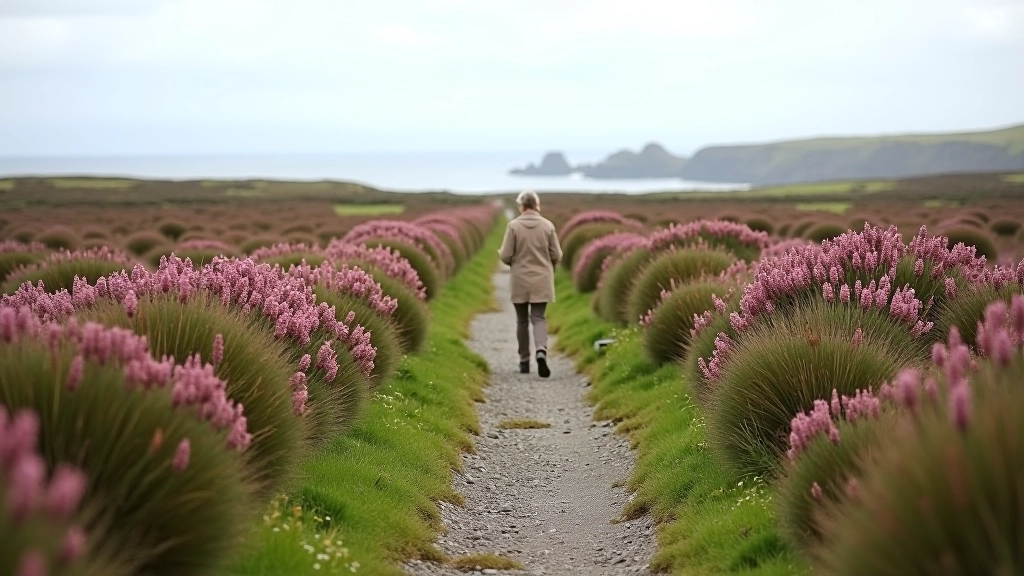 Coastal bog path with bog cotton plants, stone walls, and Irish sea visible in distance under cloudy sky