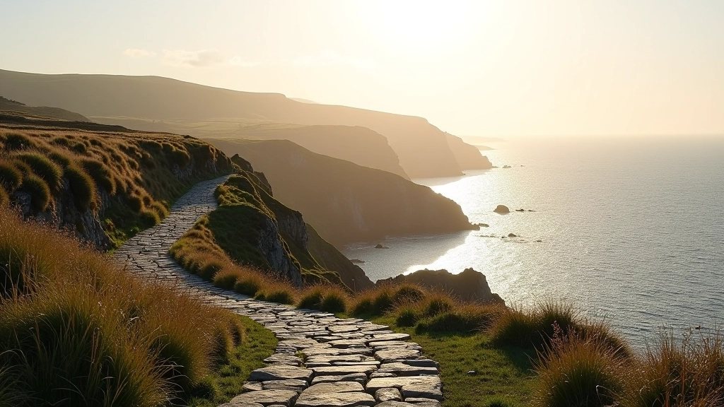Dramatic coastal cliffs with stone paths overlooking Irish sea