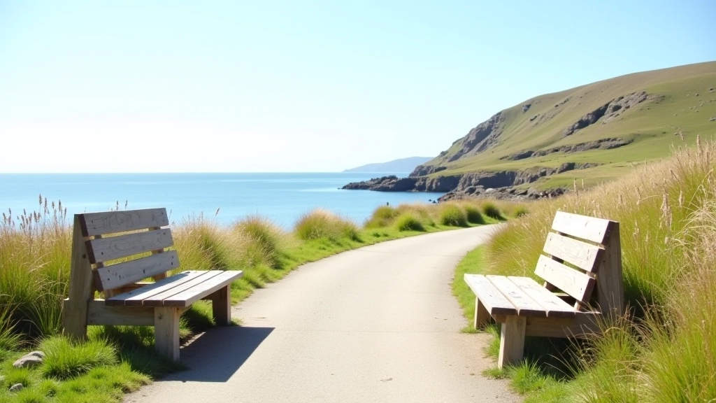 Flat coastal pathway with resting benches and ocean horizon