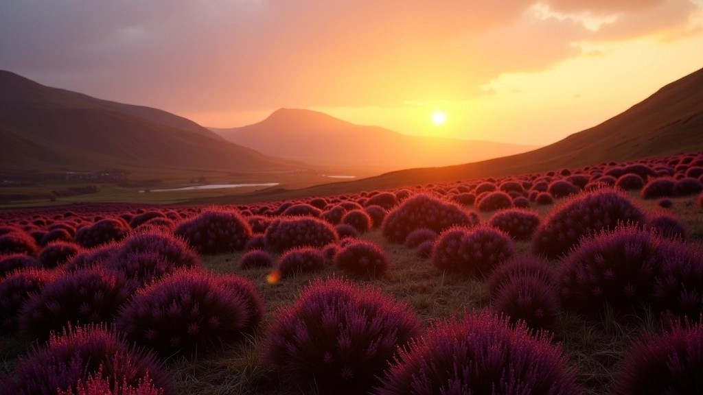 Sunset light illuminating heather moorland on Connemara hillside, golden hour photography