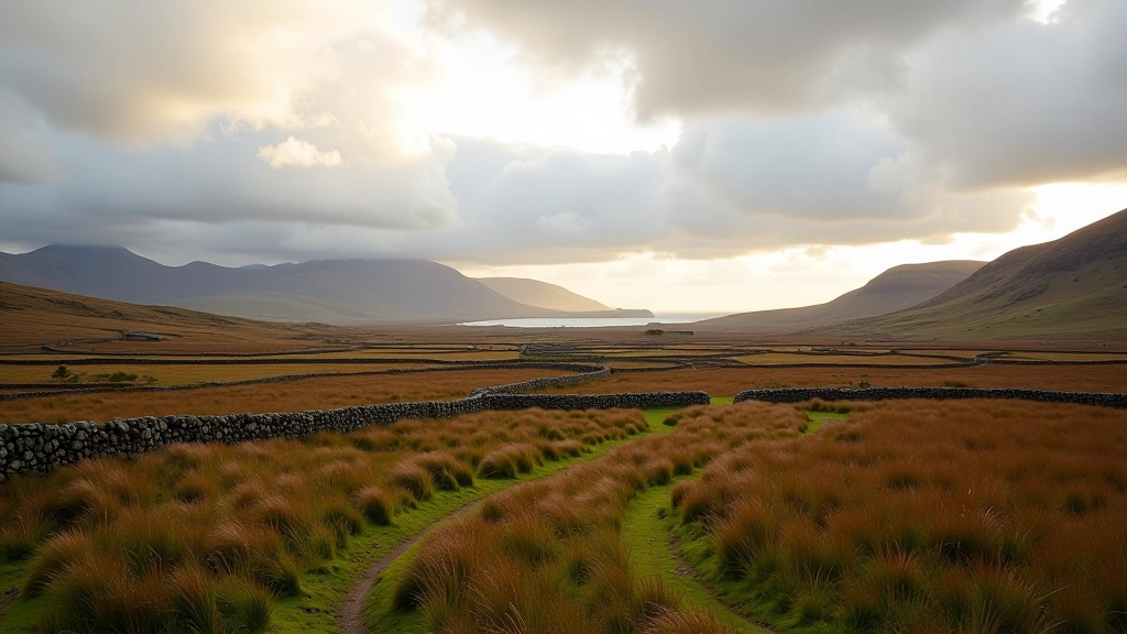 Wide bogland valley with distant mountains, stone walls creating field boundaries, and white clouds in dramatic sky