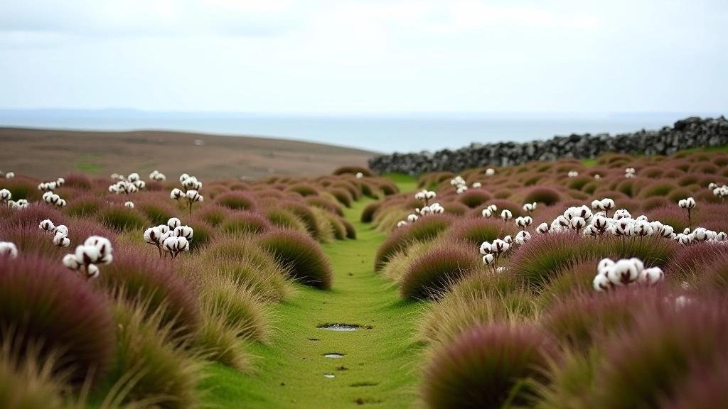 Bogland landscape with low heather, bog cotton flowers, and distant Atlantic ocean horizon