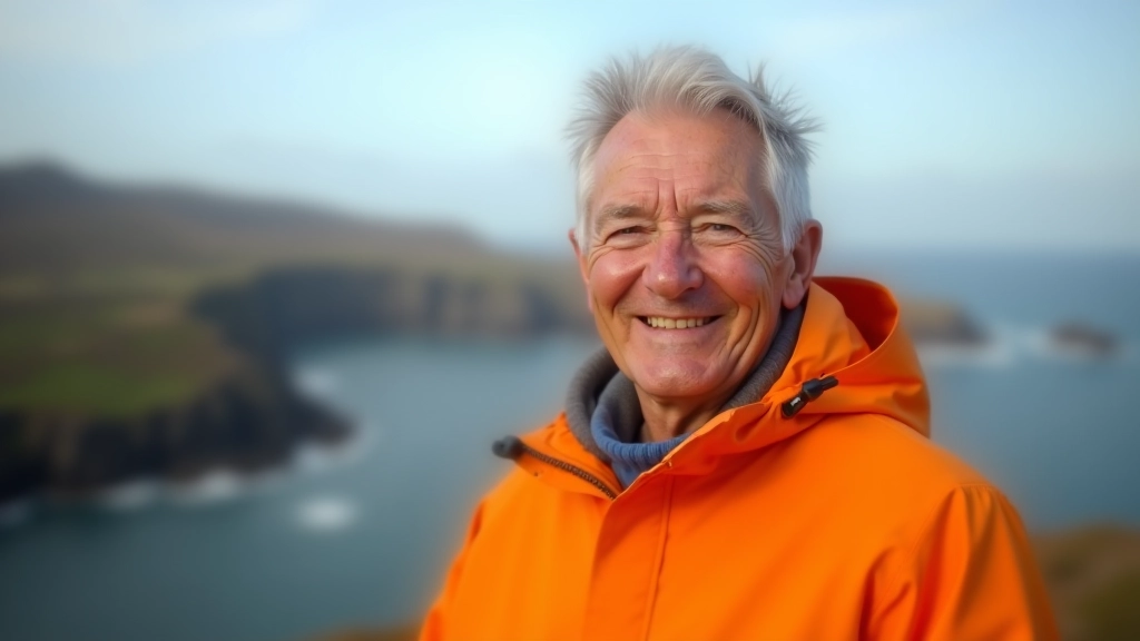 Person in colorful waterproof jacket standing at mountain viewpoint, looking out over coastal landscape, portrait from chest up
