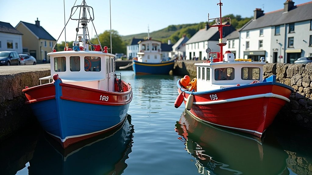 Roundstone Harbour with traditional fishing boats moored in calm blue water, colorful vessel hulls reflected in still water, coastal village buildings in background
