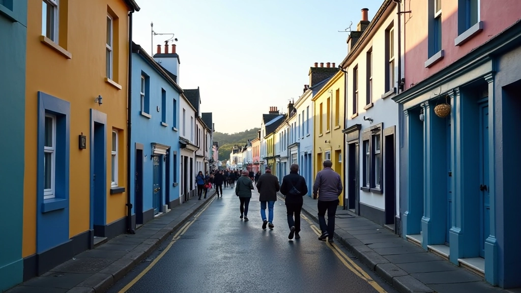 Quaint Roundstone village with colourful shop fronts and traditional Irish architecture along narrow street