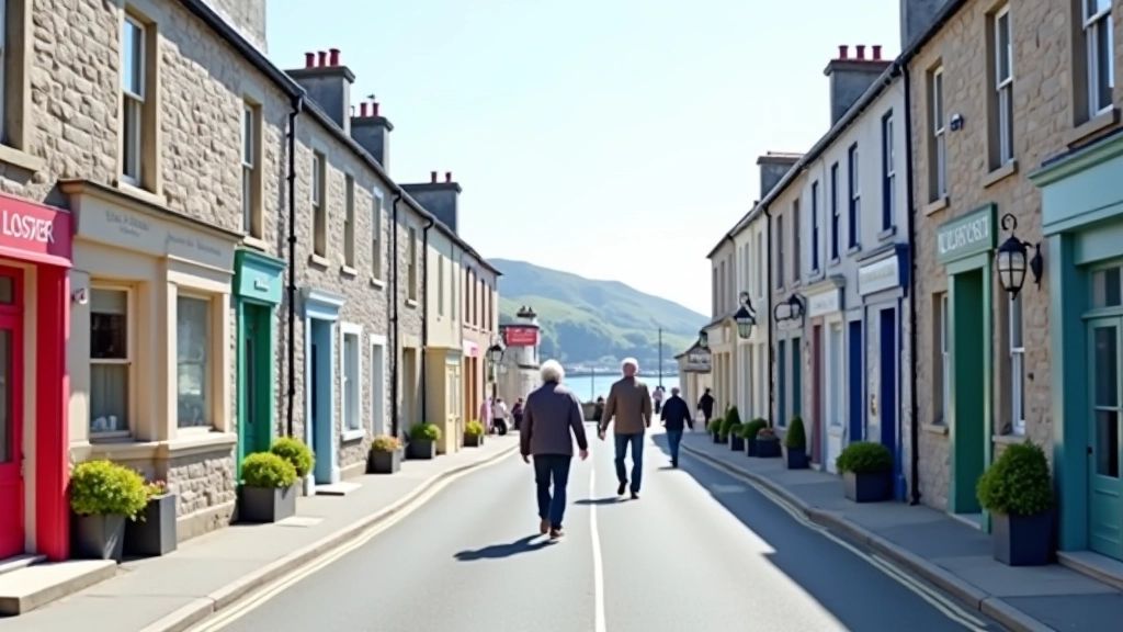 Roundstone village street with traditional Irish stone buildings, colorful shop fronts, locals walking, harbor visible in distance, quaint European charm