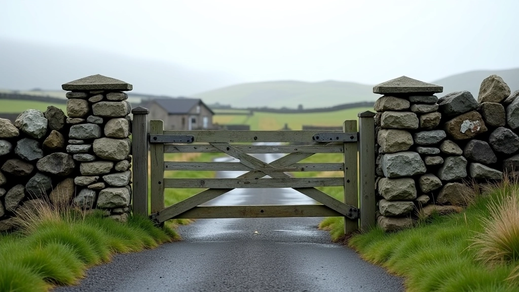 Small rural car park with weathered wooden gate and stone wall entrance to walking path