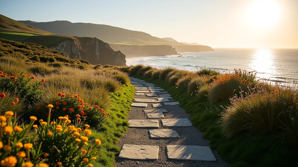 Coastal stone path along dramatic Irish sea cliffs with wildflowers and ocean views