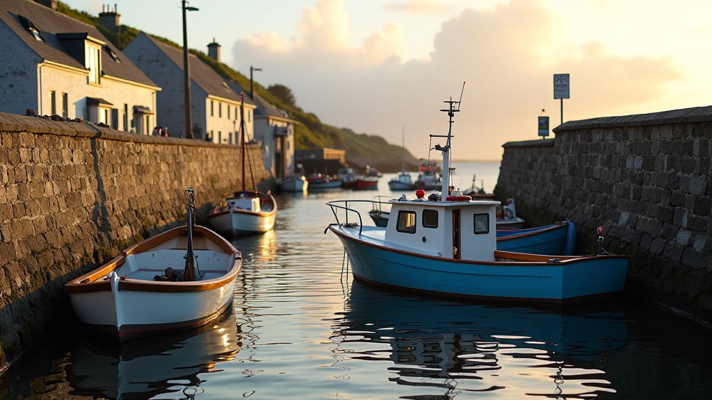 Fishing boats moored in Roundstone harbour with stone walls and traditional Irish fishing village setting