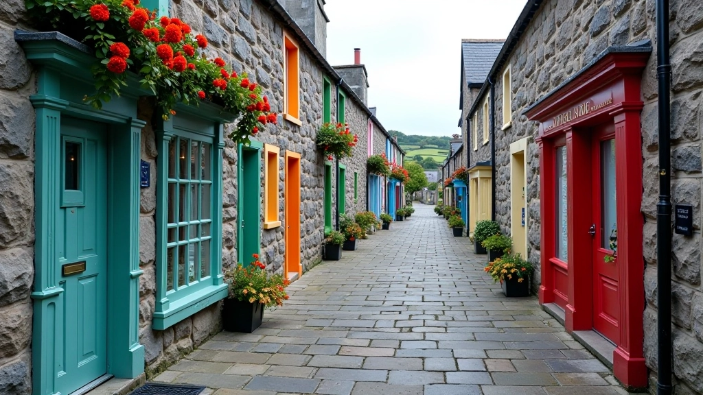 Traditional Irish village stone architecture with colourful shop fronts