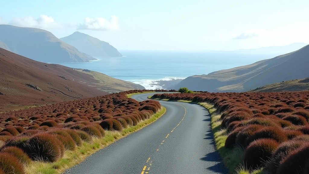 Winding mountain pass road through purple heather moorland with Atlantic Ocean visible in distant background, clear day
