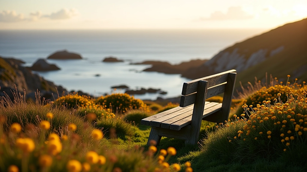 Wooden bench overlooking Roundstone Harbour with wildflowers in foreground, Atlantic ocean and rocky coastline visible, golden afternoon light