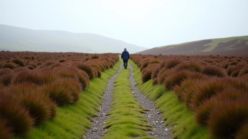 Narrow winding bog path with worn grass track, low vegetation on either side, and person walking in distance